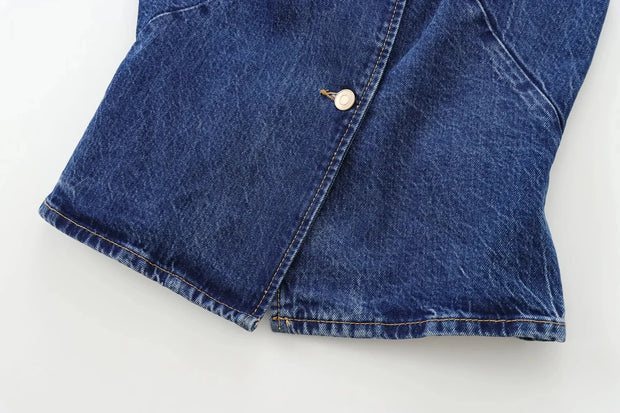 TRAF 2024 Women's Short Vest Autumn Fashion Blue Denim Vest Top Lady Casual Cropped Sleeveless Jacket Streetwear New Waistcoats