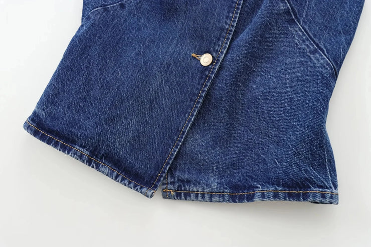 TRAF 2024 Women's Short Vest Autumn Fashion Blue Denim Vest Top Lady Casual Cropped Sleeveless Jacket Streetwear New Waistcoats