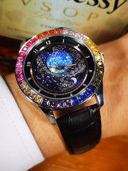 Luxury Brand Mechanical Watch for Men Rotating Star Dial Fashion Rainbow Case Automatic Watches Genuine Leather Strap Wristwatch