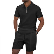 Men's Summer Sports Solid-Color Set, Quarter-Zipper Set, 2-Piece Beach Vacation Set, Men's Fashionable Casual Workwear Set.