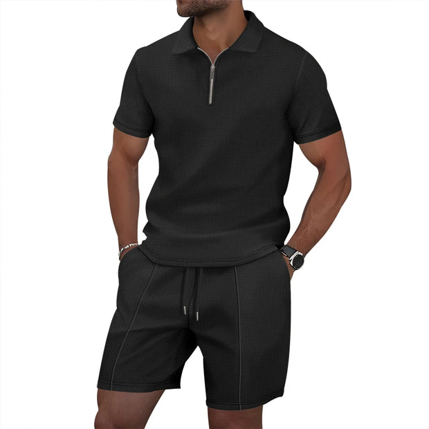 Men's Summer Sports Solid-Color Set, Quarter-Zipper Set, 2-Piece Beach Vacation Set, Men's Fashionable Casual Workwear Set.