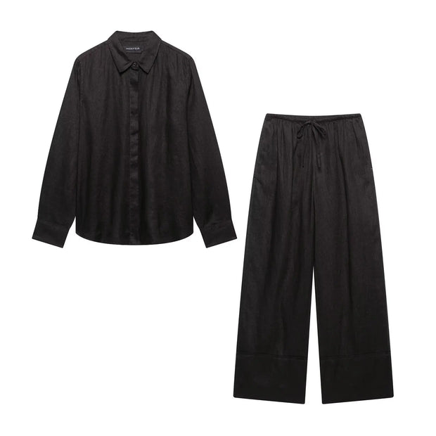 TFMLN 2025 Women Blouse Trouser Sets Office Ladies Elegant Long Sleeve Casual Loose Shirt Wide Leg Pant Suits Simple Outfits