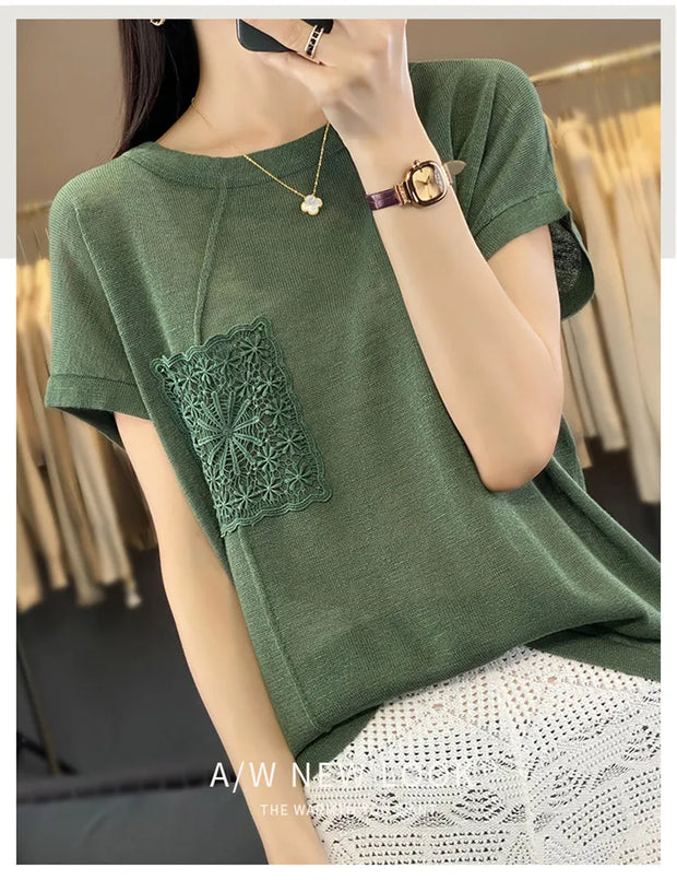 Women's T-shirt Spring/Summer Worsted Cotton Knitwear Casual Solid Color Ladies' Tops Loose Round Neck Blouse Pullover Tees