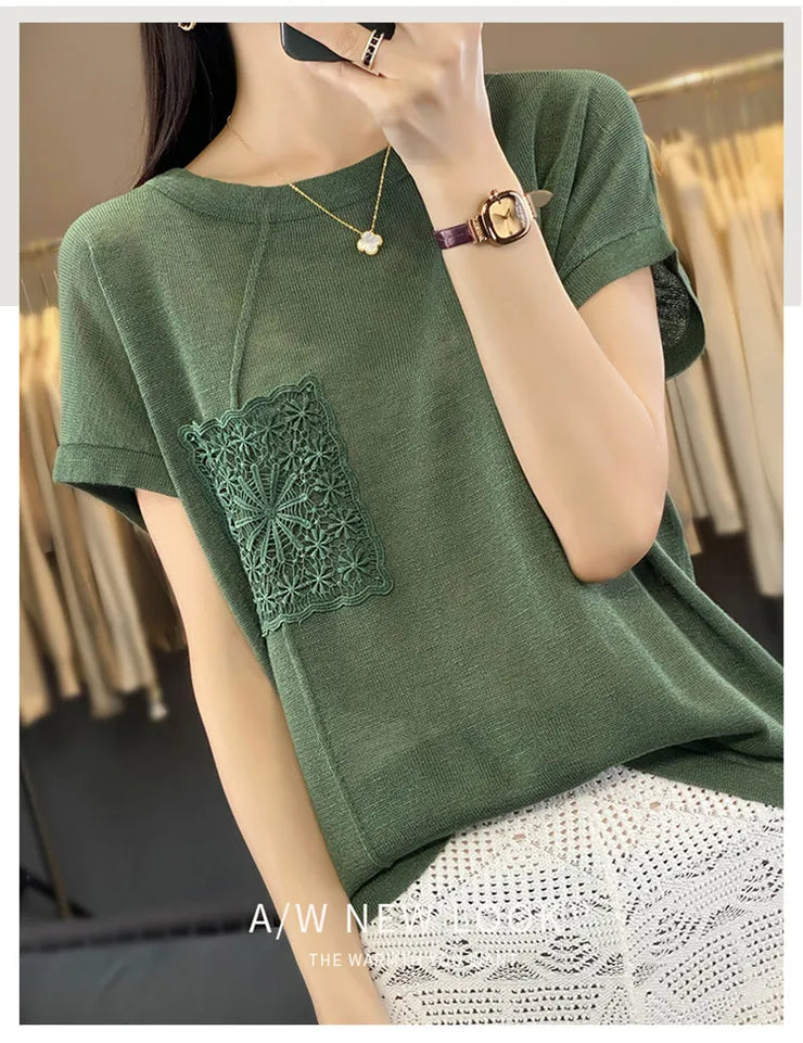 Women's T-shirt Spring/Summer Worsted Cotton Knitwear Casual Solid Color Ladies' Tops Loose Round Neck Blouse Pullover Tees