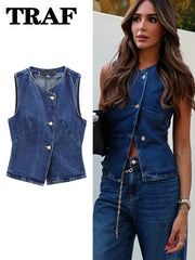 TRAF 2024 Women's Short Vest Autumn Fashion Blue Denim Vest Top Lady Casual Cropped Sleeveless Jacket Streetwear New Waistcoats