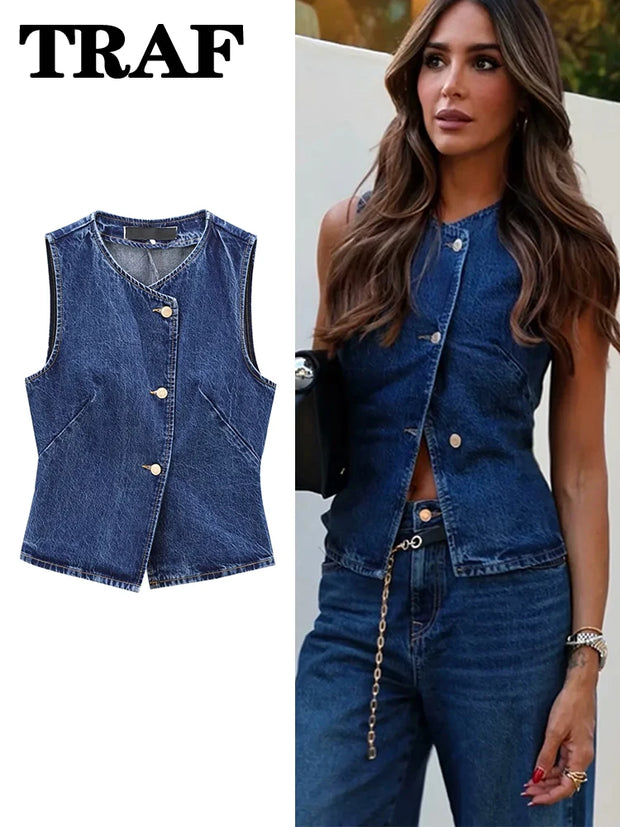 TRAF 2024 Women's Short Vest Autumn Fashion Blue Denim Vest Top Lady Casual Cropped Sleeveless Jacket Streetwear New Waistcoats