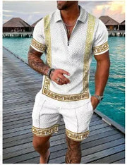 Men's Summer suit  Polo Tracksuit Set  Men Short Sleeve Zipper Polo t-Shirt and Shorts Set  2 Piece Suit  for boy with shorts