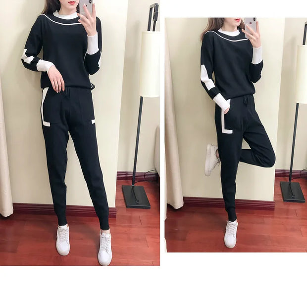 Winter Women Knitted 2 Pieces Set Muslim Casual Thicken Pullover Sweater +Knitted Pant 2PCS Suits Outfit Sport Warm Set 2024