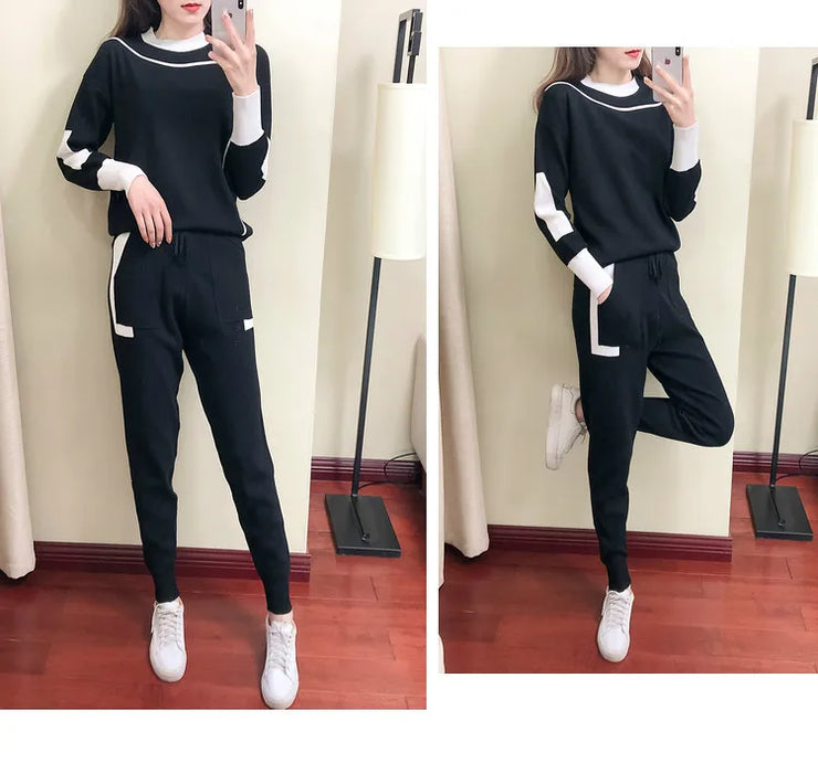 Winter Women Knitted 2 Pieces Set Muslim Casual Thicken Pullover Sweater +Knitted Pant 2PCS Suits Outfit Sport Warm Set 2024
