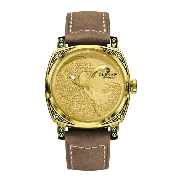 GLENAW  Mechanical Wristwatch Watches Men Surfing Sailboat Pointer Luminous Transparent Skeleton Mechanical Leather Male Clock