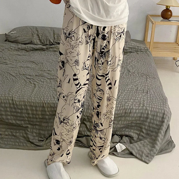 Pajama Pants Woman Cartoon Moe Cat Big Battle Pajama Trousers Female Student Trousers Loose Casual Trousers Lady Sleeping Pants