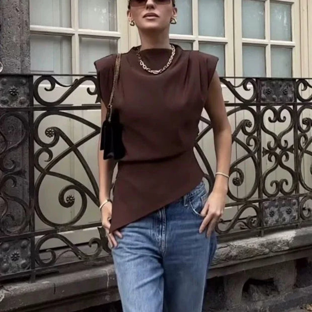 TRAF New Womens Tops Sleeveless Red Black Blouse Woman Summer Ruched Asymmetrical Top Women Slim Fit Brown Stylish Women's Top