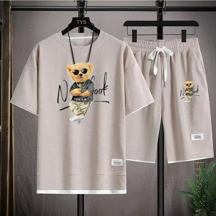 2025 Summer Men's trendy and fashionable high-end Waffle suits, casual T-shirt and shorts sets, men's sportswear sets, solid-col