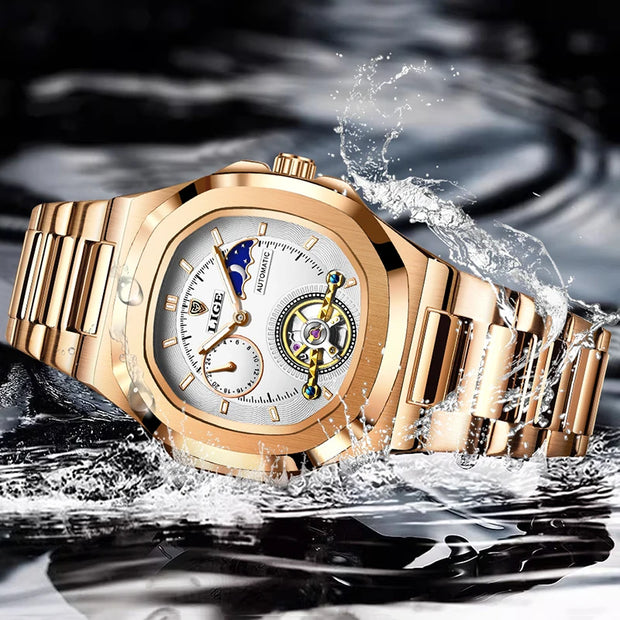 LIGE Classic Retro Men Watch Fashion Business Men's Mechanical Wristwatches Top Brand Luxury Waterproof Automatic Watch For Men