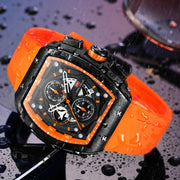 MINI FOCUS Chronograph Quartz Watch for Men Tonneau Dial Military Sport Wristwatch Male with Orange Silicone Strap Auto Date