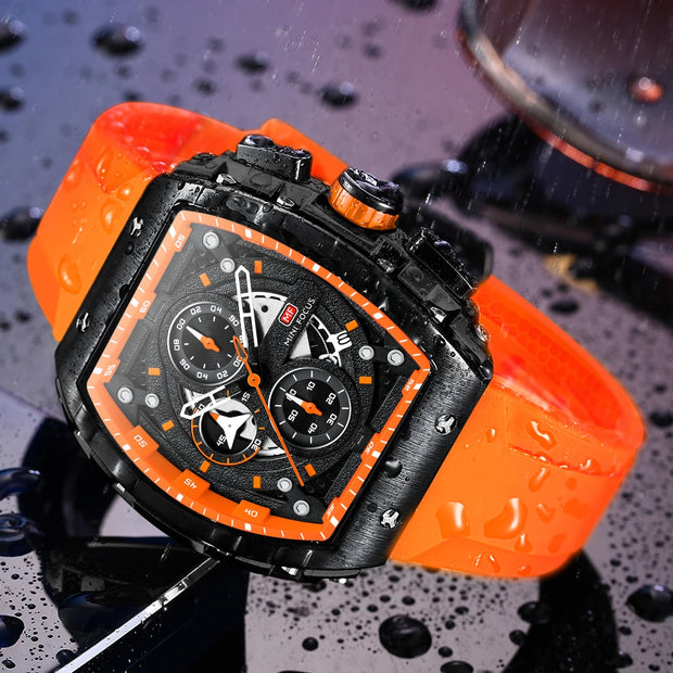 MINI FOCUS Chronograph Quartz Watch for Men Tonneau Dial Military Sport Wristwatch Male with Orange Silicone Strap Auto Date