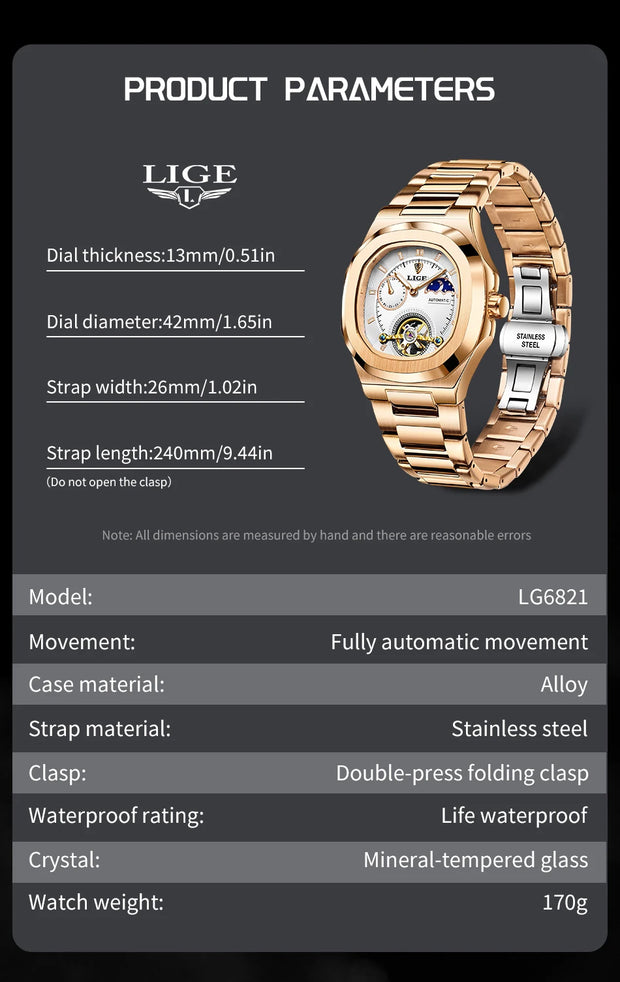 LIGE Classic Retro Men Watch Fashion Business Men's Mechanical Wristwatches Top Brand Luxury Waterproof Automatic Watch For Men
