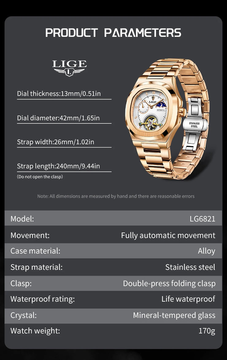 LIGE Classic Retro Men Watch Fashion Business Men's Mechanical Wristwatches Top Brand Luxury Waterproof Automatic Watch For Men