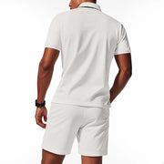Men's Summer Sports Solid-Color Set, Quarter-Zipper Set, 2-Piece Beach Vacation Set, Men's Fashionable Casual Workwear Set.