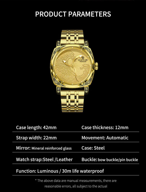 GLENAW  Mechanical Wristwatch Watches Men Surfing Sailboat Pointer Luminous Transparent Skeleton Mechanical Leather Male Clock