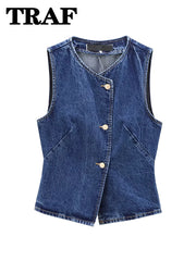 TRAF 2024 Women's Short Vest Autumn Fashion Blue Denim Vest Top Lady Casual Cropped Sleeveless Jacket Streetwear New Waistcoats