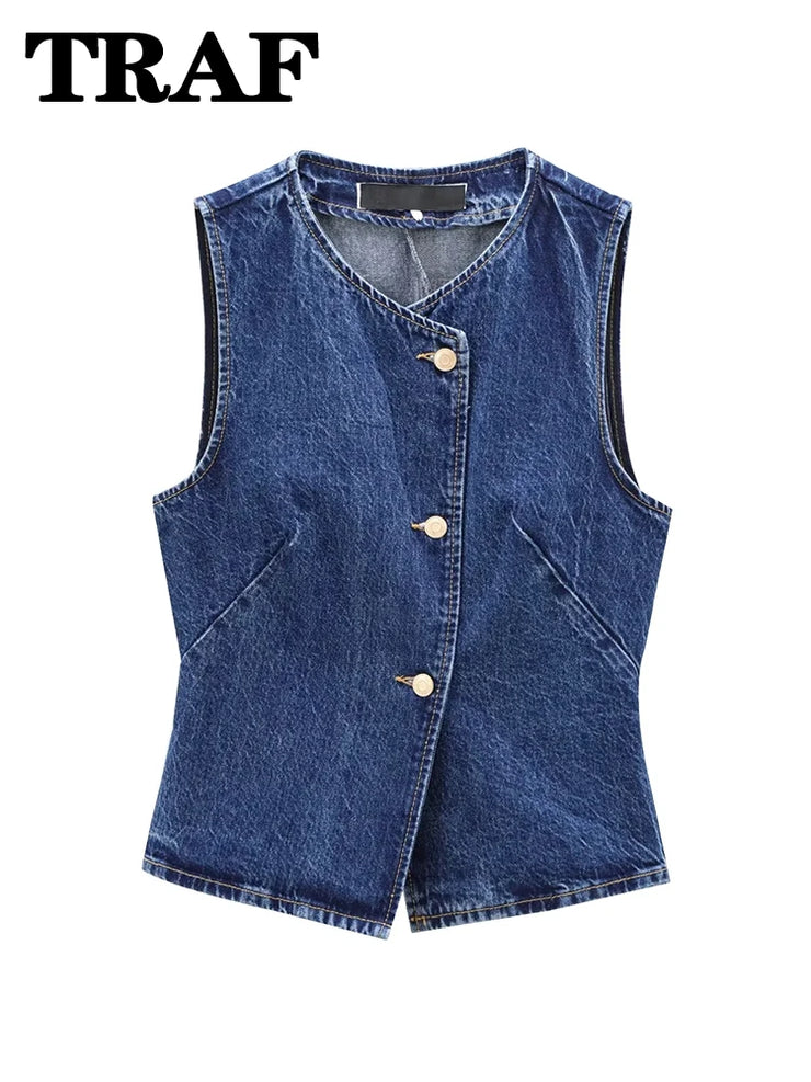 TRAF 2024 Women's Short Vest Autumn Fashion Blue Denim Vest Top Lady Casual Cropped Sleeveless Jacket Streetwear New Waistcoats