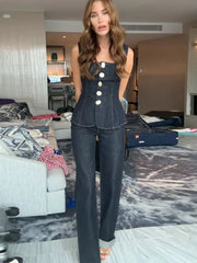 Vintage Women's Denim Sleeveless Set Crop Top With Chic Buttons Matching High Waist Slim Fit Jeans Casual Streetwear Outfits