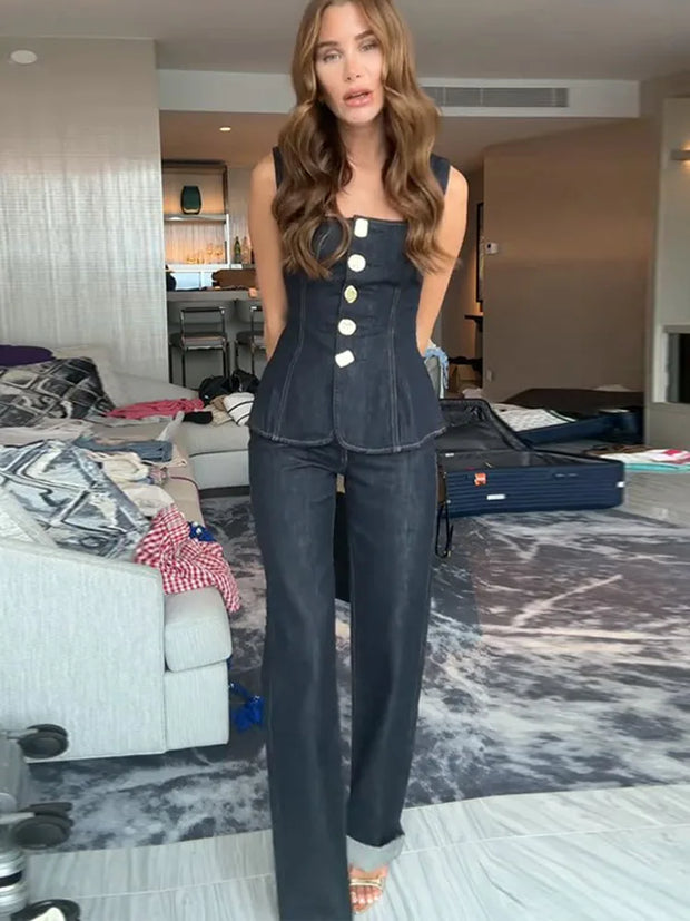 Vintage Women's Denim Sleeveless Set Crop Top With Chic Buttons Matching High Waist Slim Fit Jeans Casual Streetwear Outfits