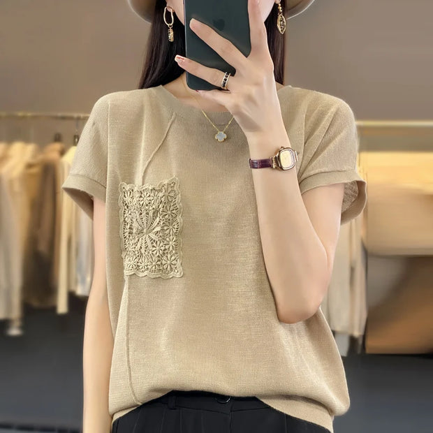 Women's T-shirt Spring/Summer Worsted Cotton Knitwear Casual Solid Color Ladies' Tops Loose Round Neck Blouse Pullover Tees