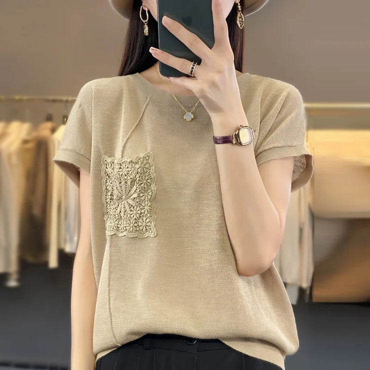 Women's T-shirt Spring/Summer Worsted Cotton Knitwear Casual Solid Color Ladies' Tops Loose Round Neck Blouse Pullover Tees