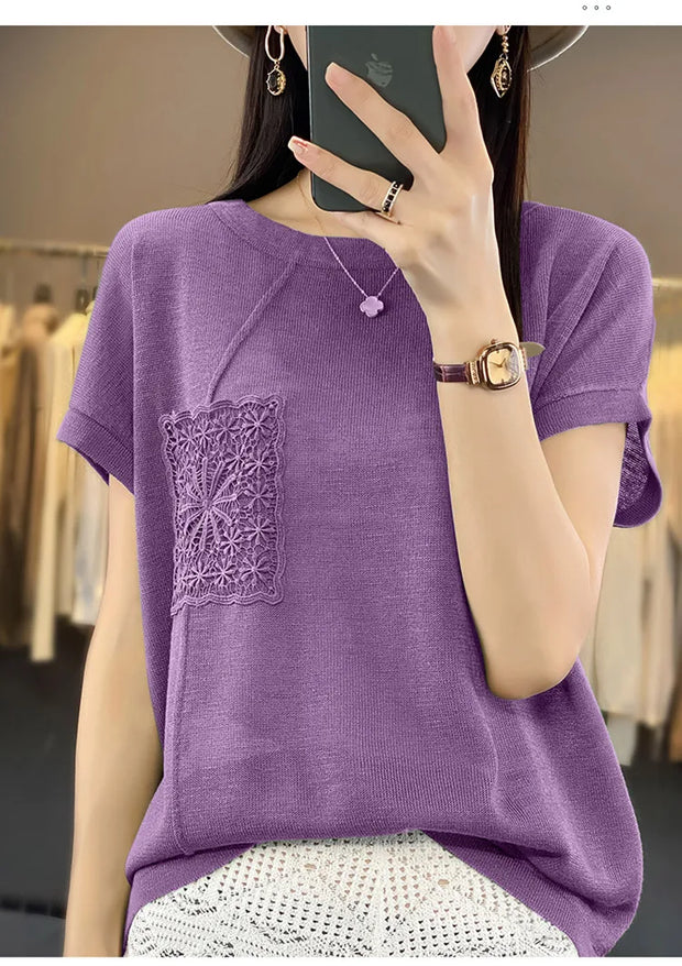Women's T-shirt Spring/Summer Worsted Cotton Knitwear Casual Solid Color Ladies' Tops Loose Round Neck Blouse Pullover Tees