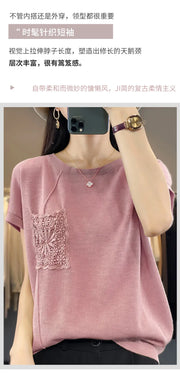 Women's T-shirt Spring/Summer Worsted Cotton Knitwear Casual Solid Color Ladies' Tops Loose Round Neck Blouse Pullover Tees