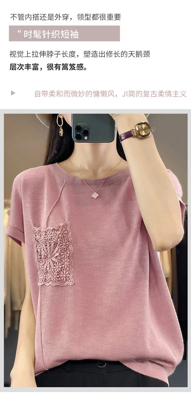 Women's T-shirt Spring/Summer Worsted Cotton Knitwear Casual Solid Color Ladies' Tops Loose Round Neck Blouse Pullover Tees