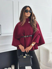 Elegant Solid Cape Fashion Office Lady Button Half Turtleneck Bat Sleeve Belt Coat Autumn Commuting Woolen Women Clothing