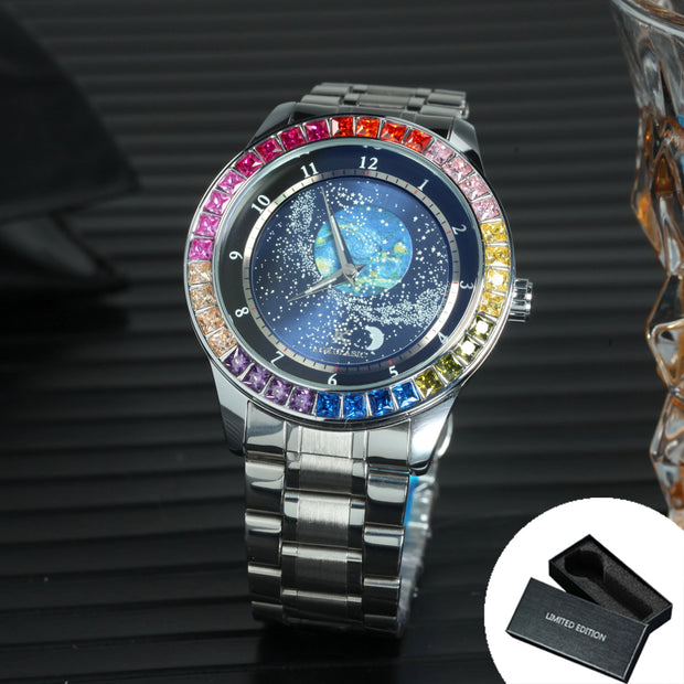 Luxury Brand Mechanical Watch for Men Rotating Star Dial Fashion Rainbow Case Automatic Watches Genuine Leather Strap Wristwatch