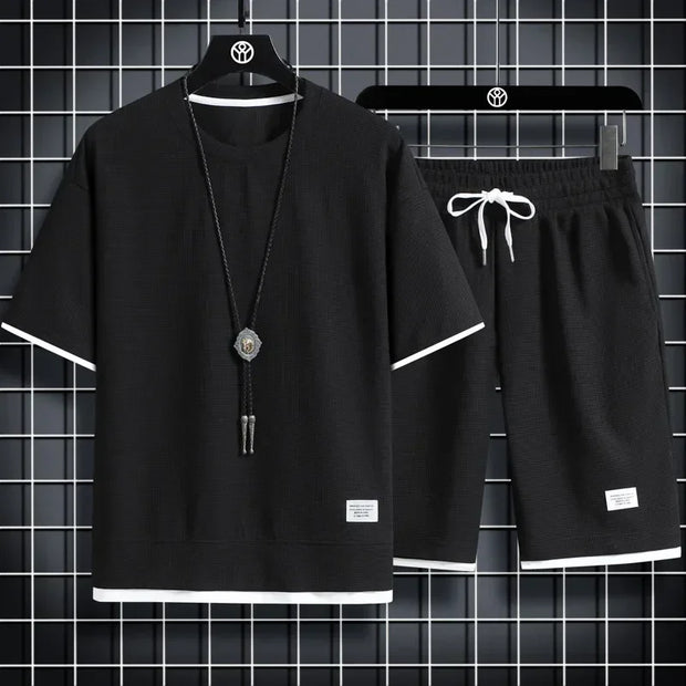 Summer Men's Sports Set  Casual T-Shirt And Shorts Set Male Sports Suit Solid Color Tracksuit Loose Suits Size 3XL