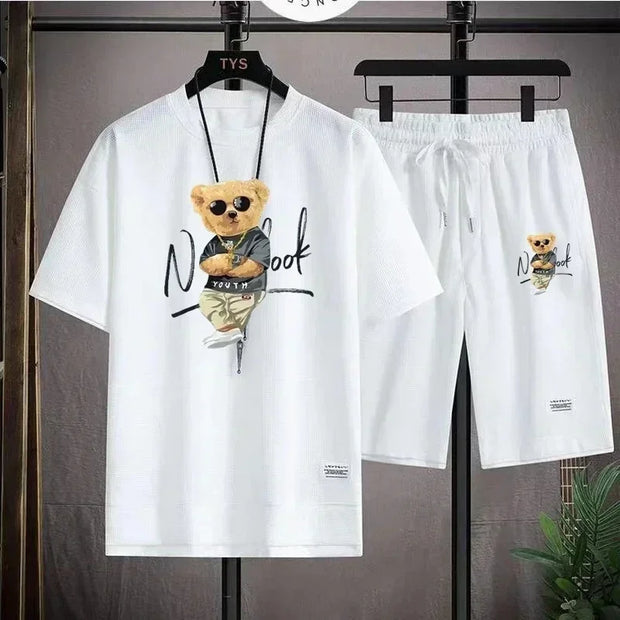 2025 Summer Men's trendy and fashionable high-end Waffle suits, casual T-shirt and shorts sets, men's sportswear sets, solid-col