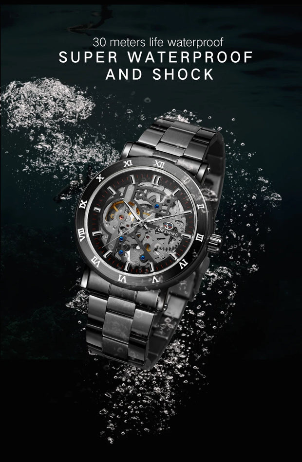 Forsining Official Automatic Mechanical Skeleton Watch Men Stainless Steel Skeleton Luminous Hands Military Business Waterproof