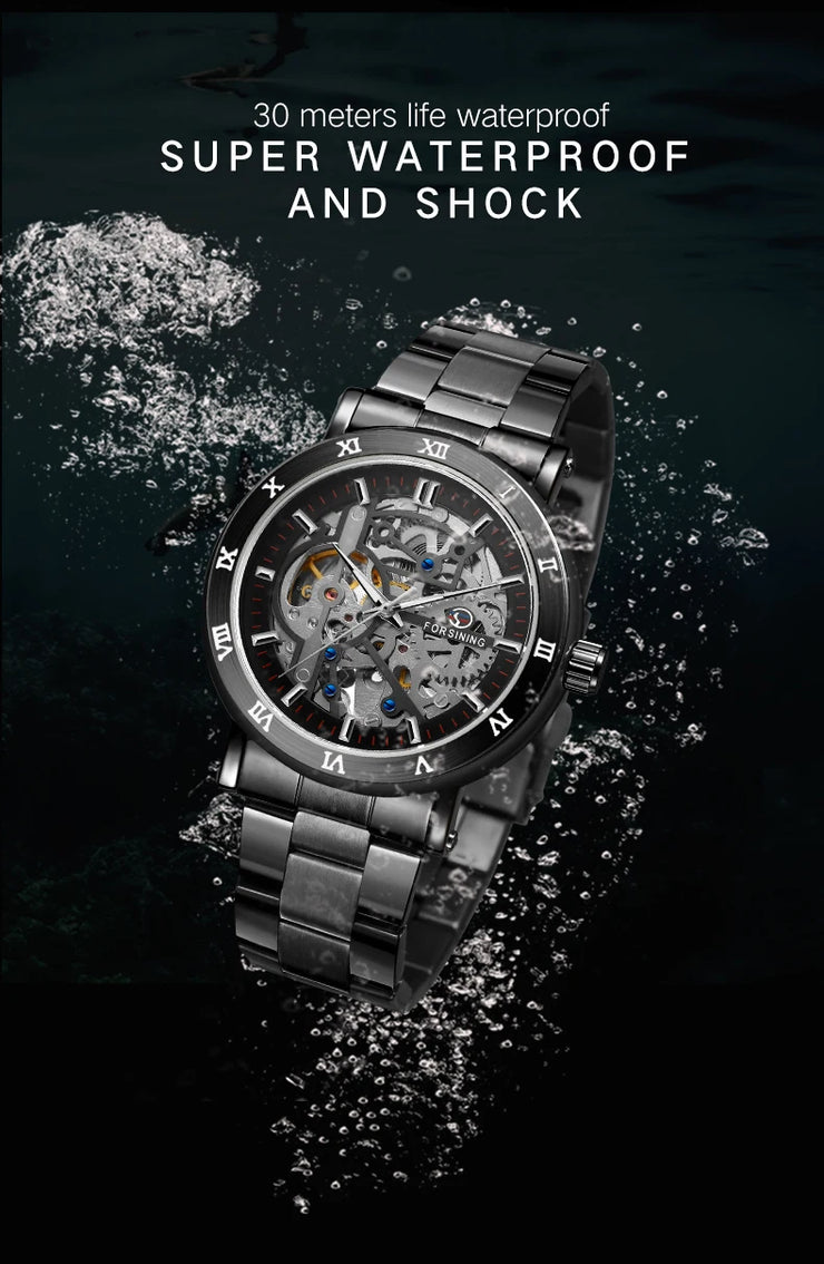 Forsining Official Automatic Mechanical Skeleton Watch Men Stainless Steel Skeleton Luminous Hands Military Business Waterproof