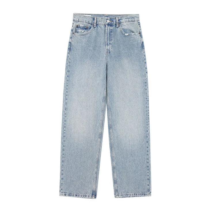TRAFZA Jeans For Women 2024 Denim Solid Loose Zipper Fly Female Hole Trouser Pockets Wild Basic Commute Woman Wide Leg Long Pant