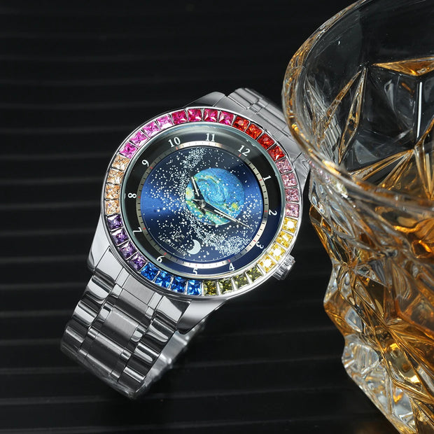 Luxury Brand Mechanical Watch for Men Rotating Star Dial Fashion Rainbow Case Automatic Watches Genuine Leather Strap Wristwatch