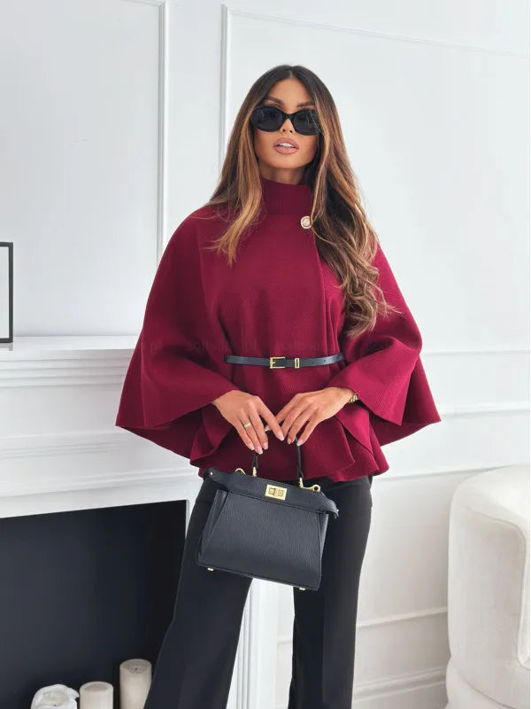 Elegant Solid Cape Fashion Office Lady Button Half Turtleneck Bat Sleeve Belt Coat Autumn Commuting Woolen Women Clothing