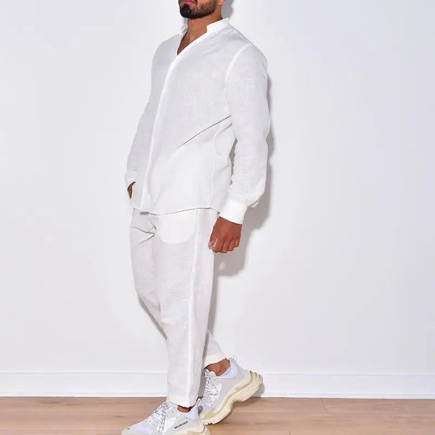 Mens Sets Linen Spring Autumn Leisure Suit Long Sleeve Shirts and Trousers Two Piece Sets Fashion Men Hot Sales Comfortable