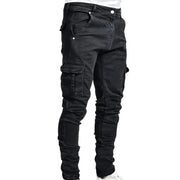 Men Street Elastic Denim Brand Jeans Narrow Legs Multi Pockets Cargo Pants Casual Slim Fit Daily Wear Joggers Mid Waist Trousers