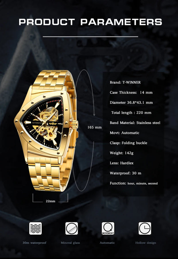 Winner Military Triangle Steel Skeleton Automatic Movement Man Watch Sports Mechanical Watches Luxury Waterproof Silicone Strap