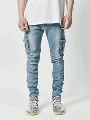 2025 New Men Street Elastic Denim Brand Jeans Narrow Legs Multi Pockets Cargo Pants Casual Slim Fit Daily Wear Joggers Mid Waist