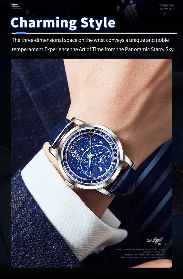 OLEVS Original Men's Automatic Mechanical Watch Fashion Business Leather Strap Luxury Diamond Starry Sky Moon Phase Men's Watch