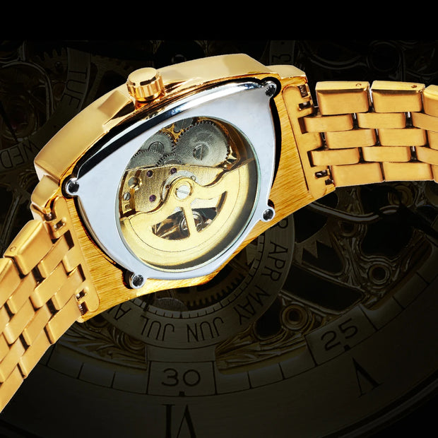 WINNER Military Triangle Skeleton Automatic Watch for Men Gold Sports Mechanical Watches Luxury Stainless Steel Strap Luminous