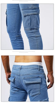2025 New Men Street Elastic Denim Jeans Multi Pockets Cargo Pants Casual Slim Denim Trousers Fashion Y2k Joggers Baggy Man Pants