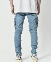 2025 New Men Street Elastic Denim Brand Jeans Narrow Legs Multi Pockets Cargo Pants Casual Slim Fit Daily Wear Joggers Mid Waist